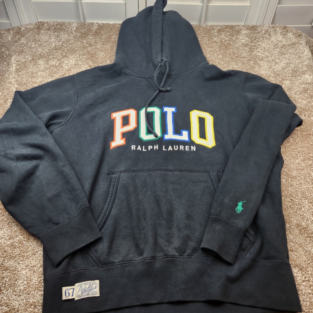 Polo Ralph Lauren Mens Black Multi Color Spellout Hoodie Sweatshirt Size M